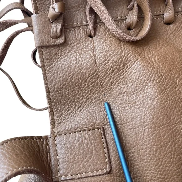 Camel Brown Fringe Leather Tote Bag Oversized Slouchy Boho Hobo Neutral - Picture 11 of 17